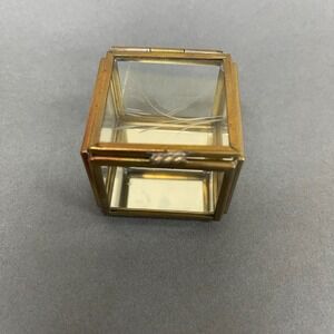 Vintage Glass Brass Mirrored Small Jewelry Trinket Box Square with Bird